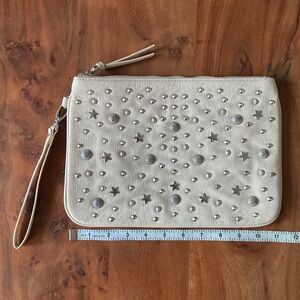 Forever 21 beige clutch celestial silver stars studs oversize wristlet bag 11”